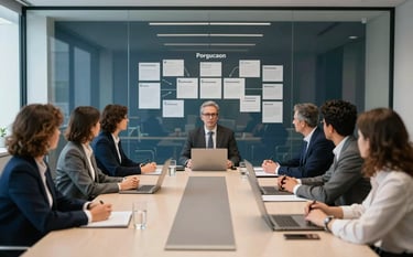 A wide shot of a contemporary boardroom in Portugal during a team evaluation session. Focus on a clear glass wall with strategic notes. Clean lines, dependable and highly professional aesthetic, featuring dark blue and off-white colors.