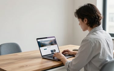 A professional in a clean, brightly lit North American office sitting at a minimalist wooden desk. They are focused on a sleek laptop displaying a high-performance website layout. The room features soft off-white walls and muted slate blue decor. Professional photography, natural daylight.
