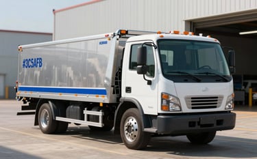 A modern, professional flatbed tow truck in a Houston industrial setting, featuring a clean white and steel blue color scheme. The lighting is bright morning sun, emphasizing a trustworthy and efficient service vibe, incorporating brand tones #3C5A6B and #E8EDF0.