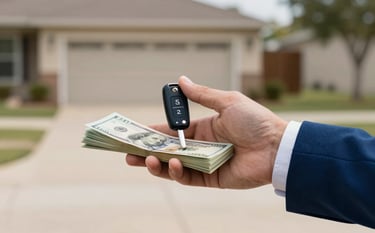 A close-up shot of a professional exchange where a person is handing over car keys for a stack of cash. The background is a clean Houston suburban driveway. The atmosphere is confident and secure, using the brand colors #1D2D3E and #7A9AB0.
