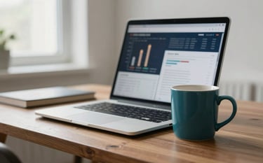 A sophisticated lifestyle photograph of a clean, modern workspace. A high-end laptop displays blurry candle-stick charts in the background. Beside it, a ceramic mug in Deep Teal sits on a polished wooden desk. The lighting is soft and natural, coming from a nearby window, creating a trustworthy and calm educational atmosphere with hints of Midnight Navy and Soft Ice White in the shadows and highlights.