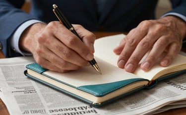 A close-up photograph of a focused individual's hands writing in a premium leather-bound notebook with a fountain pen. A financial newspaper with headlines about commodities lies partially visible underneath. The scene uses a palette of Slate Blue and Deep Teal, with warm, sophisticated lighting that empowers the viewer with a sense of practical learning.