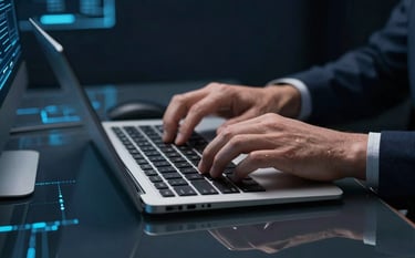 Close-up of a cybersecurity professional's hands on a modern keyboard in a dark navy room. Steel blue data patterns are reflected in the glass tabletop.
