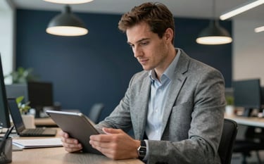 A professional American male IT consultant in a soft gray modern office environment, interacting with a tablet. The room features dark navy accents and bright, sophisticated lighting.