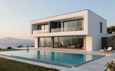 A stunning, modern minimalist villa in Datça featuring clean white lines, large glass windows, and a sleek infinity pool. The lighting is warm golden hour, highlighting the professional craftsmanship. The color palette includes hints of #2D323A in the structural accents and #A8B6C7 in the surrounding stone textures.
