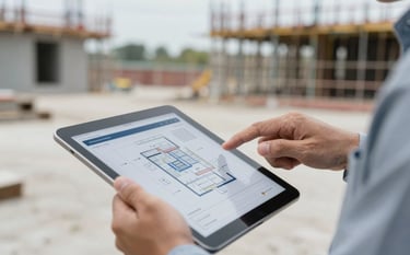 Close-up of a project manager's hands reviewing a digital site plan on a tablet against the background of a clean, organized construction site. The focus is sharp and professional, incorporating the corporate #2D323A and #5B6A7A tones.