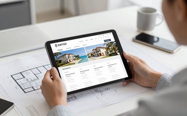 A professional real estate consultation scene. A clean, modern office desk with architectural blueprints and a tablet showing high-end property listings in the Datça region. Professional, trustworthy atmosphere with colors reflecting #5B6A7A and #F5F7F8.