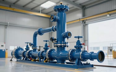 An expansive view of an industrial foam monitor system installed in a high-tech facility like an oil hangar. The scene conveys scale and expert safety engineering. Professional blue tones (#28425F) and silver hardware dominate, emphasizing technologically advanced fire protection.