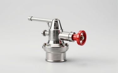 A professional studio photograph of a stainless steel manual foam monitor, designed for fire fighting. The lighting is clean and modern, highlighting the industrial metallic textures and red valve details. The background is a soft #EBF2F7 light grey, reflecting a professional and reliable fire safety vibe.