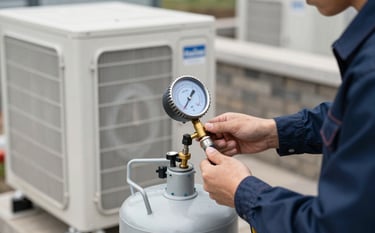 An outdoor AC compressor unit being serviced. A technician is using a pressure gauge to fill refrigerant gas. Professional, industrial but clean aesthetic. Incorporates brand palette #B3C5CB and #1A2C3D in the equipment and clothing.