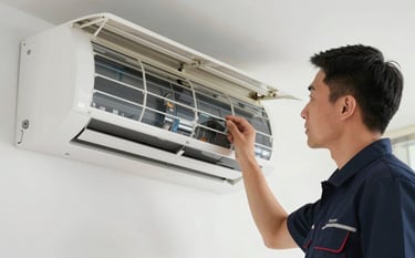 A professional technician wearing a dark navy #1A2C3D uniform inspecting a modern split AC unit. Clean indoor setting, bright natural lighting, emphasizing expert reliability. High-resolution, professional photography style.
