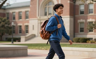 An inspired young adult walking across a historic North American / US university campus with a leather backpack, wearing Steel Blue and Deep Navy clothing. The composition is dynamic and hopeful, capturing a sunny afternoon with blurred architecture in the background.