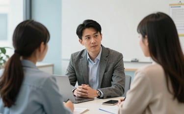 A professional educational consultant in a bright, modern North American / US office, seated across from a focused student and parent. The setting is clean and minimalist with Light Blue and Off-White decor. Soft natural light, high-end commercial photography style.