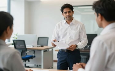 A professional South Asian consultant in a crisp white shirt and dark navy trousers presenting a legal document to a client in a modern, clean office in India. The setting is filled with natural light, featuring furniture with steel blue accents and a trustworthy, expert atmosphere.