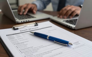 A top-down view of a professional desk in an Indian corporate setting, showcasing a steel blue pen resting on official tax filing folders, with a blurred background of a South Asian professional working on a laptop, emphasizing reliability and compliance.
