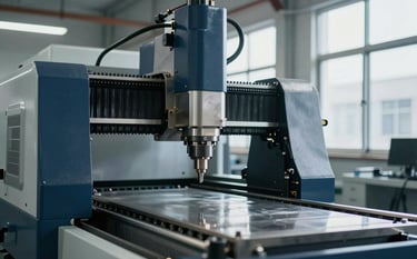A high-precision industrial CNC milling machine in a modern factory setting. Soft daylight from large windows highlights the polished steel surfaces. The atmosphere is professional and clean, using a color palette of deep blues and metallic grays matching #1C2B39 and #A3B1BE. Cinematic composition, shallow depth of field.