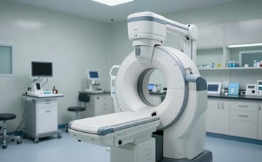 A high-tech medical laboratory or hospital room featuring advanced diagnostic imaging equipment. The lighting is bright and clinical. The equipment is modern with sleek lines, reflecting a professional healthcare environment. Accents of #4A6273 and #A3B1BE are visible in the room's interior design.