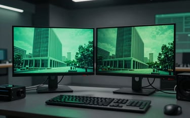 A professional video production suite with a dual-monitor setup in a dimly lit, high-end studio. The monitors glow with vibrant emerald and deep green cinematic shots of modern architecture. The environment is clean, sleek, and high-tech.