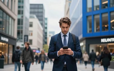 Photography of a professional individual checking their smartphone while walking through a bustling modern Northern European / British commercial district. The lighting is bright and crisp, with accents of vibrant royal blue in the surrounding architecture.