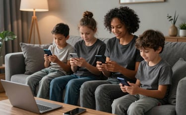A photography shot of a family interacting with multiple mobile devices in a cozy, modern Northern European / British living room. The scene is lit with warm, trustworthy light and subtle deep charcoal grey tones.