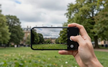 A close-up photograph of a person streaming high-definition video on a mobile device in a scenic Northern European / British city park. Fresh meadow green trees and soft porcelain white clouds frame the modern device.
