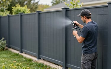 A vibrant green garden with a modern wood-slatted fence being spray-painted in a deep charcoal gray #1C3642. The painter is wearing professional gear, using innovative tech to ensure a clean, sharp, and efficient finish. Daylight emphasizes the precise, uniform texture.