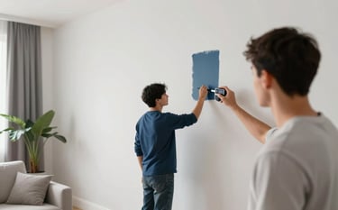 A high-end modern living room in Luton featuring a minimalist aesthetic. A painter is using a sleek digital device to color match a wall precisely. The scene uses a palette of #1C3642 and #F8FBFD, showing clean lines, bright natural lighting, and a flawless painted finish on the walls.