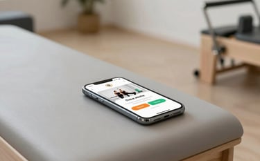 Clean, minimalist interior of a yoga and pilates studio. A smartphone on a light grey bench shows a confirmation for a sports session booking.