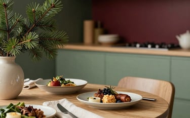A beautifully styled Scandinavian interior featuring elegant home decor and lifestyle products. On a light oak table, there are exquisite ceramic plates with artisanal food, minimalist linen napkins in parchment cream, and a vase with pine branches. Soft focus background showing a modern kitchen with forest green cabinets and subtle deep carmine red accents. Warm, natural morning light, peaceful and prosperous vibe. Global / Brazilian and International context.