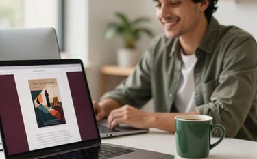 A high-quality lifestyle photograph of a professional workstation in a bright, modern office with global elements. A clean desk with a laptop displaying a beautifully designed e-book cover, a warm ceramic mug in forest green, and hints of deep carmine red decor. In the background, a young adult from a Global / Brazilian and International context is smiling, looking at the screen, feeling successful and satisfied. Soft natural lighting, warm and sophisticated atmosphere.