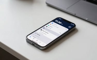 Photography of a minimalist, tech-forward home office desk. A premium smartphone rests on the desk showing a clean, dark navy and light grey productivity dashboard. The lighting is crisp and modern. Global / Tech-savvy.