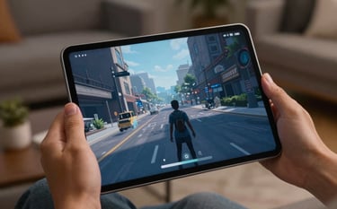 Photography of hands holding a large Android tablet in a dimly lit, cozy lounge. The screen displays a high-fidelity immersive game with deep blue and light grey hues. The atmosphere is sophisticated and relaxed. Global / Tech-savvy.