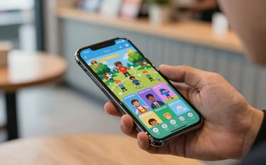 A close-up photograph of a person in a brightly lit modern cafe using a sleek smartphone. The screen reflects a vibrant, colorful interface of a casual game. The style is clean and professional, with soft focus on the light grey and steel blue background elements. Global / Tech-savvy.