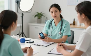 A health educator in a clinical North American setting teaching a small group about diabetes self-management. The scene includes medical training tools, professional lighting, and a palette of light teal and off-white.