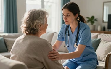 A compassionate female caregiver in professional attire provides gentle support to an elderly individual in a sunlit, comfortable North American living room, focusing on a warm and trustworthy interaction. Soft natural lighting, off-white and dark teal interior accents.