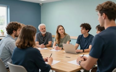 A group of adults participating in an engaging skill-building activity within a bright, modern North American day program center. The atmosphere is supportive and professional, featuring muted blue and light teal wall colors.