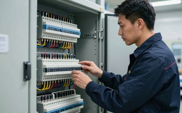 A sharp, professional photograph of a technician in a modern facility inspecting a complex industrial control panel filled with neatly organized electrical components and wiring. The lighting is crisp and clean, highlighting Deep Navy and Slate Grey metallic finishes. Global / Industrial setting.