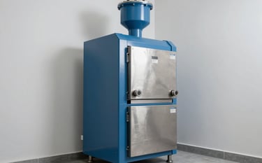 A high-quality photograph of a modern heating furnace installed in a clean, organized utility room of a North American / US house. Steel blue components of the machine contrast with soft cloud white walls, shot with professional studio lighting.