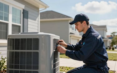 Photography of a professional HVAC technician in a dark navy blue uniform inspecting an external air conditioning unit outside a modern North American / US suburban home during a bright day. The scene uses steel blue and soft cloud white highlights to convey modern efficiency.