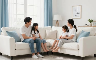 A family relaxing comfortably in a clean, bright North American / US living room. The atmosphere is fresh and airy, featuring soft cloud white furniture and sky blue accents, suggesting superior indoor air quality and reliable climate control.
