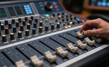 A close-up shot of a high-end digital mixing console with illuminated faders in a professional recording studio. The atmosphere is sophisticated with Deep Steel Blue and Dark Charcoal tones, creating a sense of technical innovation.