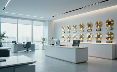 A wide-angle shot of a luxurious, light-filled office space for music executives. Soft Blue and Ice White color palette with sleek furniture and gold records on the wall. The mood is highly reliable and premier.