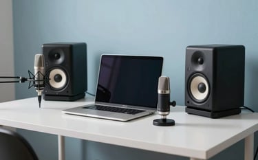 A clean, modern home studio desk featuring a laptop, studio monitors, and a condenser microphone. The lighting is soft and natural, emphasizing Ice White surfaces and Muted Sky Blue accents. The style is professional and minimalist photography.