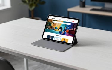 Clean, wide-angle photography of a sleek tablet displaying a vibrant e-commerce website on a Cloud White wooden table. The environment is a professional North American / US home office with Steel Blue walls and modern, minimalist lighting.