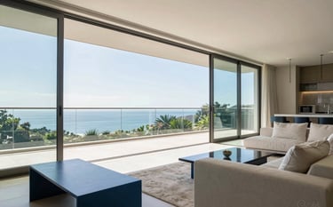 A wide-angle, high-resolution photograph of a modern living room in a luxury South American / Brazilian penthouse. The focus is on a large, seamless glass wall and sliding doors that open to a balcony. The lighting is natural and bright, highlighting the transparency and quality of the glass. The interior features minimalist furniture in steel blue and soft off-white tones.