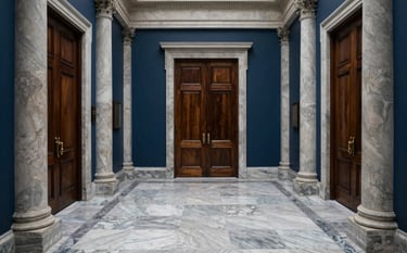 An authoritative wide-angle shot of a grand North American government hallway featuring marble floors, architectural columns, and heavy dark oak office doors. The atmosphere is quiet, formal, and secure. Colors are predominantly navy blue, slate gray, and white.