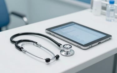 A clean and bright North American hospital consultation room setting. A professional stethoscope and a digital tablet showing medical data are placed on a sterile white counter. The scene is bright and professional, using a palette of light blue-gray and slate gray.