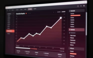 A glowing digital analytics dashboard projected on a dark screen (#0D0D0D), showing upward trending sales charts with fast-paced motion blur effects and deep maroon (#330000) undertones. Authoritative and results-driven.