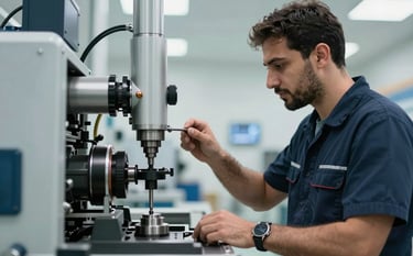 A professional technician in a modern Middle Eastern / Turkish industrial facility, inspecting complex machinery with precision tools. The lighting is bright and professional with soft sky blue and pearl white tones in the background reflecting a clean corporate environment.