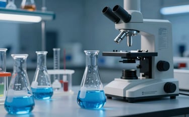 A close-up of scientific glassware and high-tech equipment in a professional Middle Eastern / Turkish chemical laboratory. The scene features clean lines, ocean blue liquid in beakers, and a sterile midnight blue background with soft lighting.